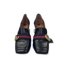 Load image into Gallery viewer, Gucci Pre-Owned Black Leather Web Stripe Pearl Heel Loafers - view 1
