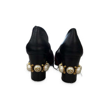 Load image into Gallery viewer, Gucci Pre-Owned Black Leather Web Stripe Pearl Heel Loafers - view 2
