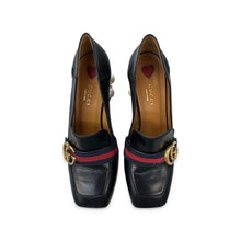 Load image into Gallery viewer, Gucci Pre-Owned Black Leather Web Stripe Pearl Heel Loafers - view 3
